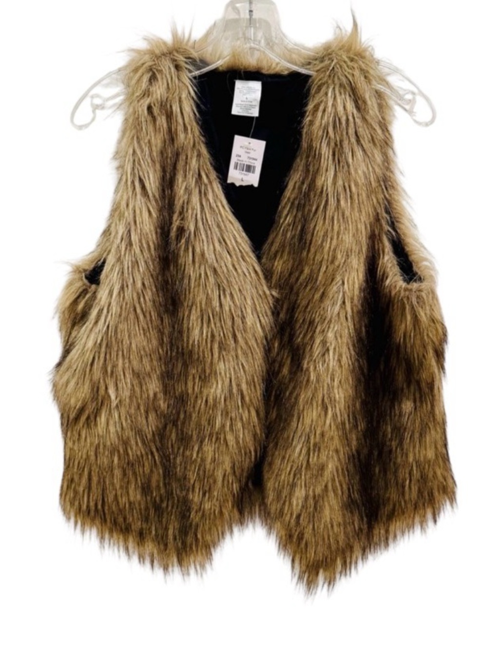 NWT Faux Fur Vest size L Shaggy Open Front Sleeveless Jacket Tan Brown Boho Glam